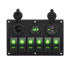 6 ON-OFF Green Illuminated Switch Switch Panel with 2x5V USB Cigarette Lighter and Voltage Indicator 