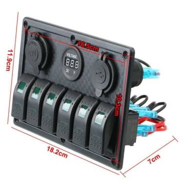 6 ON-OFF Green Illuminated Switch Switch Panel with 2x5V USB Cigarette Lighter and Voltage Indicator - 3