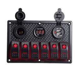 6 ON-OFF Red Illuminated Switch Switch Panel with 2x5V USB Cigarette Lighter and Voltage Indicator 