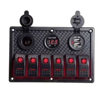 6 ON-OFF Red Illuminated Switch Switch Panel with 2x5V USB Cigarette Lighter and Voltage Indicator - 1