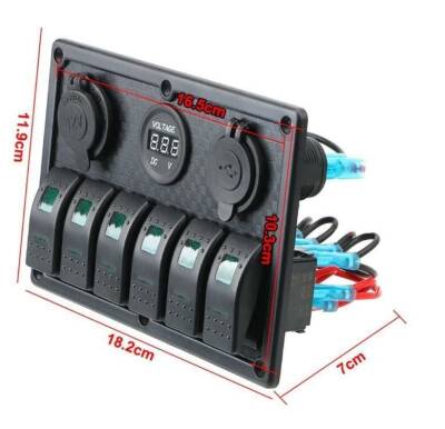 6 ON-OFF Red Illuminated Switch Switch Panel with 2x5V USB Cigarette Lighter and Voltage Indicator - 3