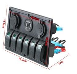 6'lı ON-OFF Yeşil Işıklı Anahtar Switch Panel 2x5V USB Çakmaklık ve Voltaj Göstergeli - 3