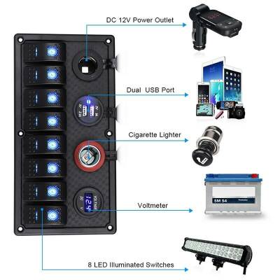 8-pin ON-OFF Blue Lighted Switch Panel 2x5V USB 2x Cigarette Lighter and Voltage Indicator - 2
