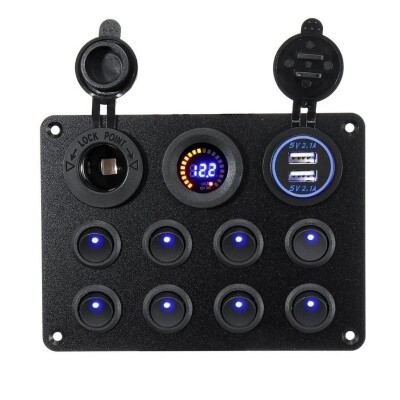8-Way ON-OFF Green Illuminated Switch Switch Panel with 2x5V USB Cigarette Lighter and Voltage Indicator - 1