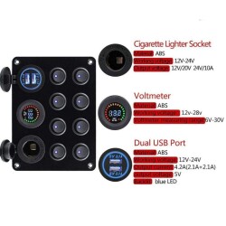 8-Way ON-OFF Green Illuminated Switch Switch Panel with 2x5V USB Cigarette Lighter and Voltage Indicator - 3