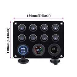 8-Way ON-OFF Green Illuminated Switch Switch Panel with 2x5V USB Cigarette Lighter and Voltage Indicator - 4
