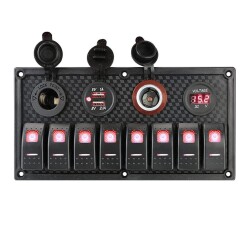 8'li ON-OFF Kırmızı Işıklı Anahtar Panel 2x5V USB 2xÇakmaklık ve Voltaj Göstergeli - 1