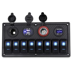 8'li ON-OFF Mavi Işıklı Anahtar Panel 2x5V USB 2xÇakmaklık ve Voltaj Göstergeli - 1
