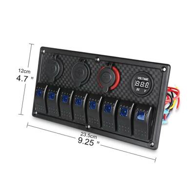 8'li ON-OFF Mavi Işıklı Anahtar Panel 2x5V USB 2xÇakmaklık ve Voltaj Göstergeli - 3