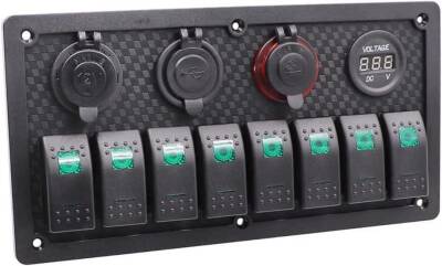 8'li ON-OFF Yeşil Işıklı Anahtar Panel 2x5V USB 2xÇakmaklık ve Voltaj Göstergeli - 1