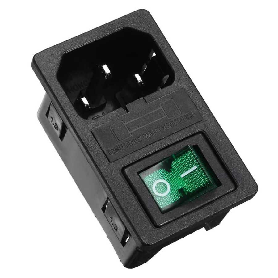  Kulaksız Erkek Power Soketi - Yeşil Işıklı Anahtarlı